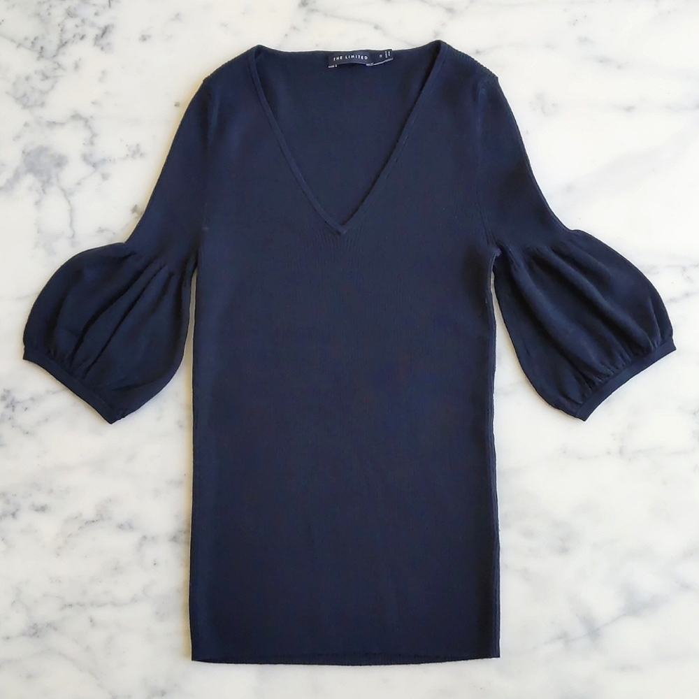 NWOT. The Limited Stretch V-Neck Knit Top with puffy 3/4 sleeve.